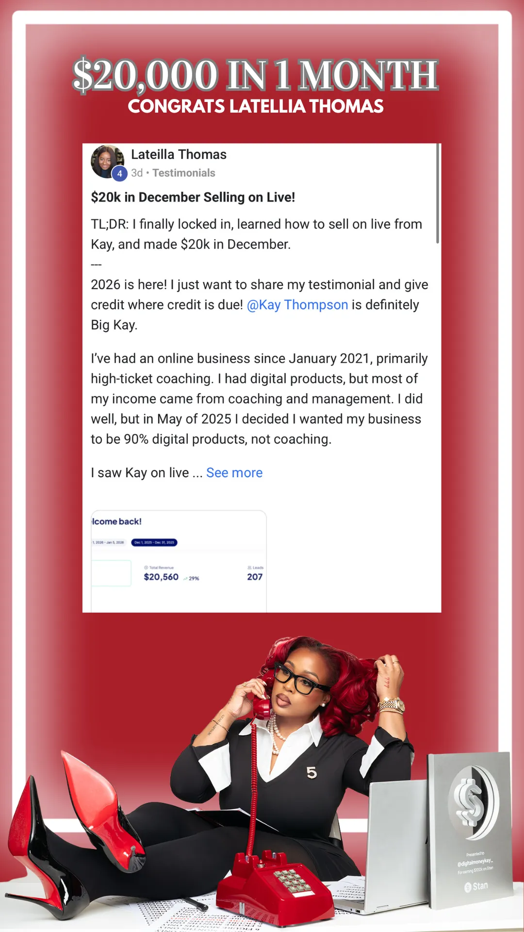 Latellia Thomas testimonial showing $20,000 in 1 month