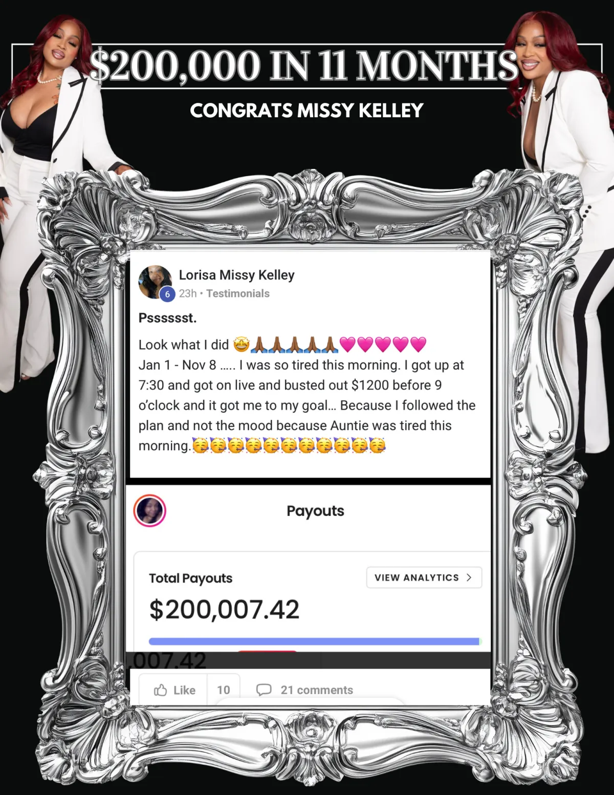 Missy Kelley testimonial showing $200,000 in 11 months